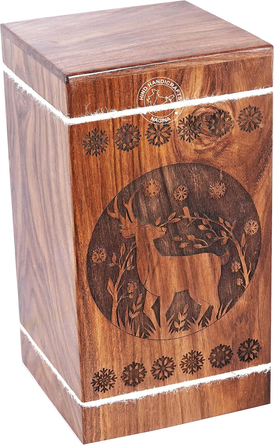 Handgefertigte Holzurne mit floraler Gravur für menschliche Asche für Erwachsene, gross – Buck Deer
