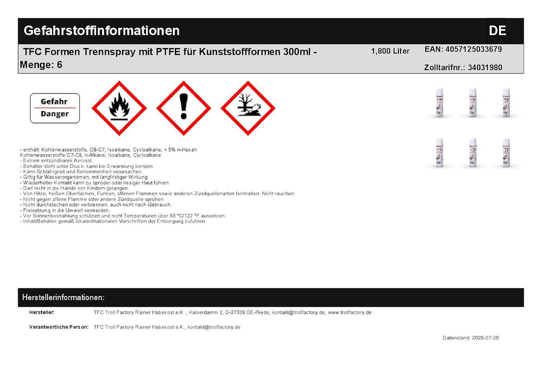 TFC Formen Trennspray mit PTFE 300ml - Hochleistungs-Trennmittel für Kunststoffformen, Beton &amp; Wachs
