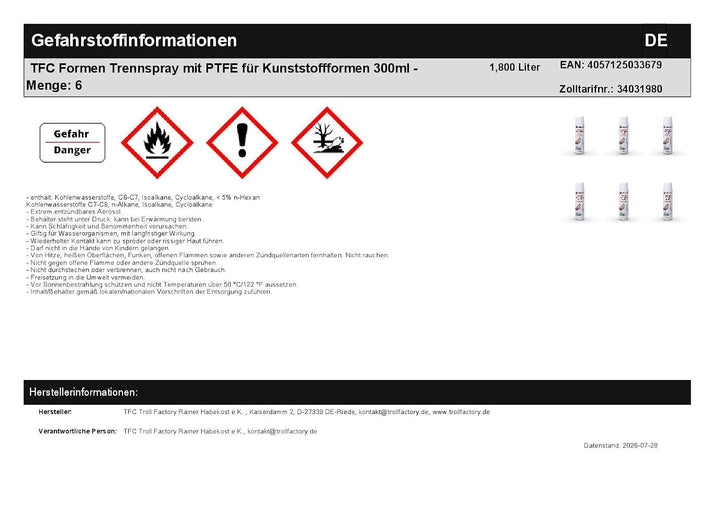 TFC Formen Trennspray mit PTFE 300ml - Hochleistungs-Trennmittel für Kunststoffformen, Beton &amp; Wachs