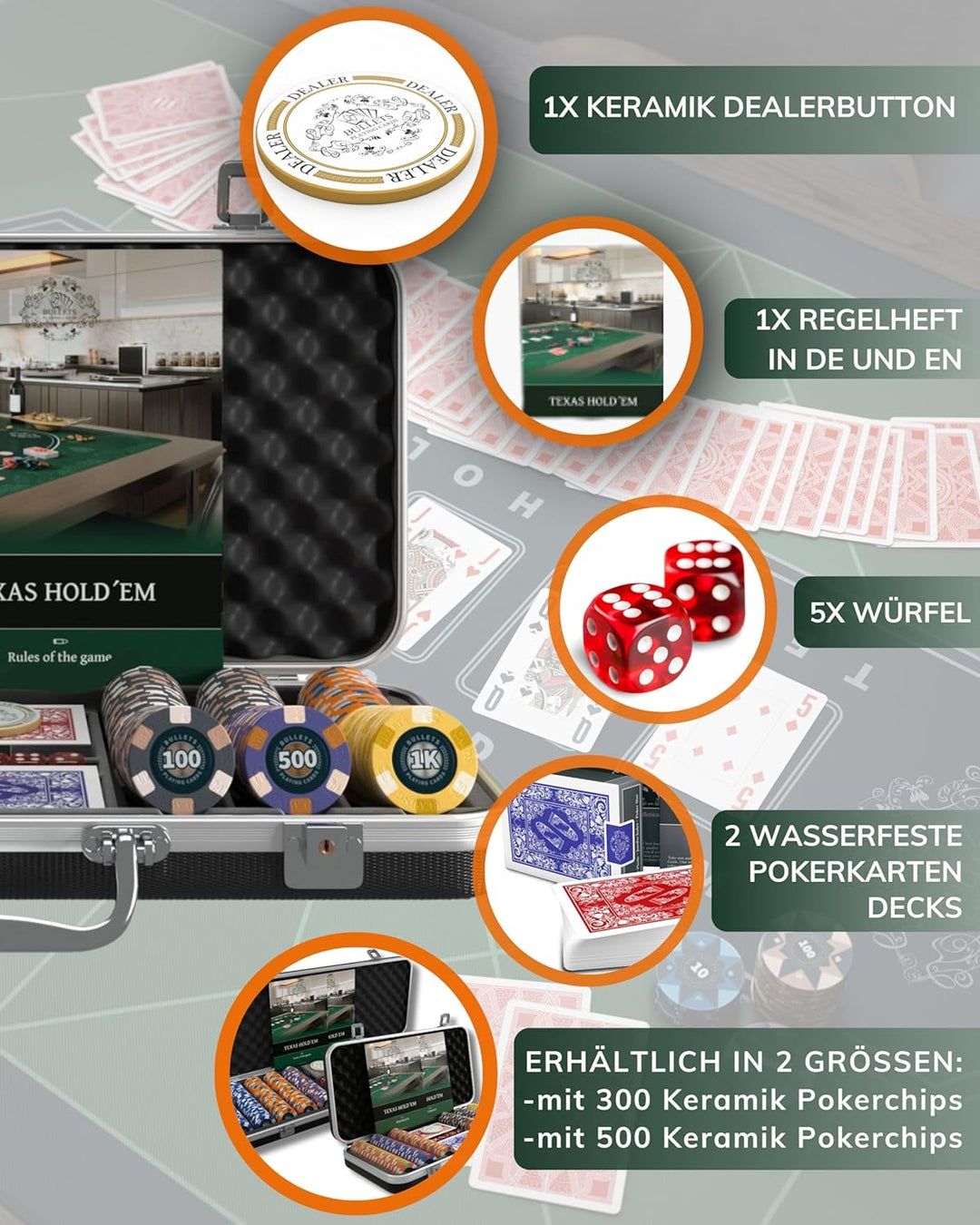 Bullets Playing Cards | Pokerkoffer „Richie“ mit 300 Keramik Pokerchips 10g | Pokerset mit Karten, W