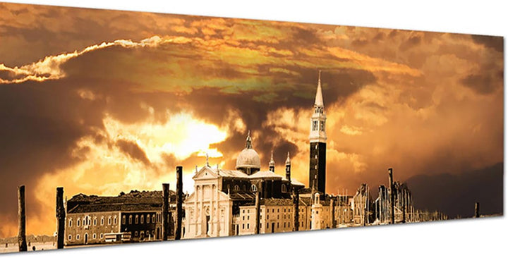 Paul Sinus Art Panoramabild auf Leinwand und Keilrahmen 150x50cm Venedig Gondeln Wasser Sonnenunterg