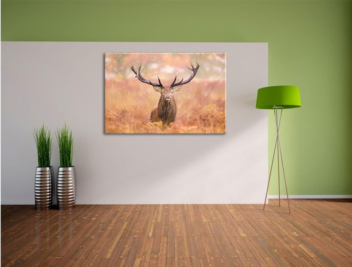 Pixxprint Hirsch im Feld als Leinwandbild/Grösse: 100x70 cm/Wandbild/Kunstdruck/fertig bespannt, 100