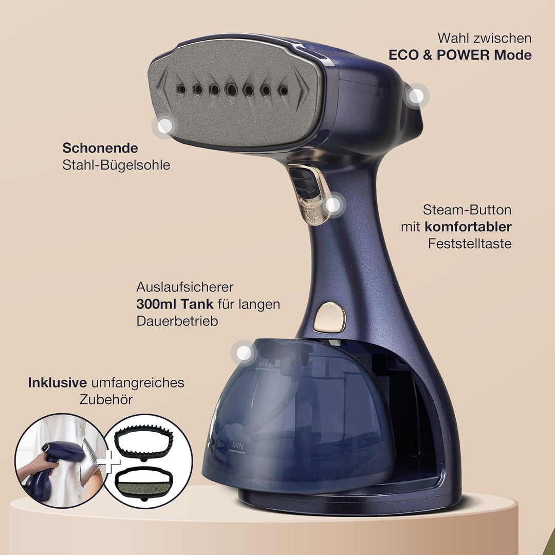 LEBENLANG Steamer Dampfglätter 1500W & 25g/min LCD - 300ml Dampfbürste mit Bügelhandschuh - Dampf Gl