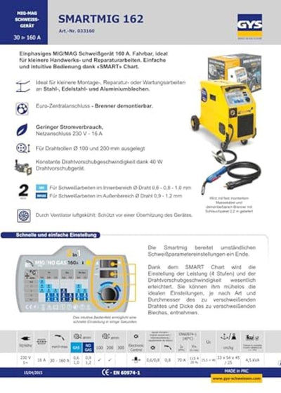 GYS Schutzgasschweissgerät 160 A, einphasig 230 V, gelb, Smartmig 162, (l x b x h) 540 x 330 x 450 m