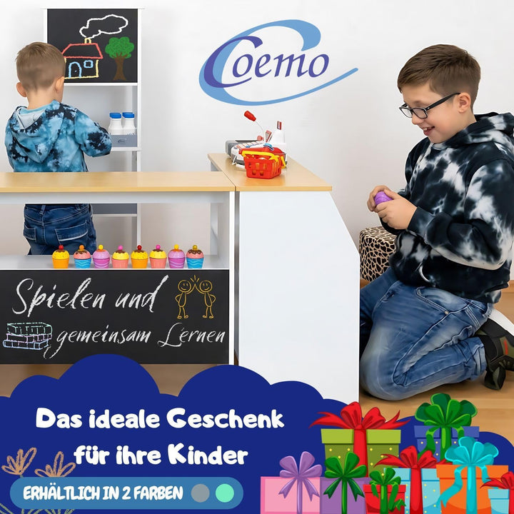 Coemo Spielküche Kaufladen Ida, grau, 4er Set mit Spülbecken, grosse Kinderküche, Kaufmannsladen für