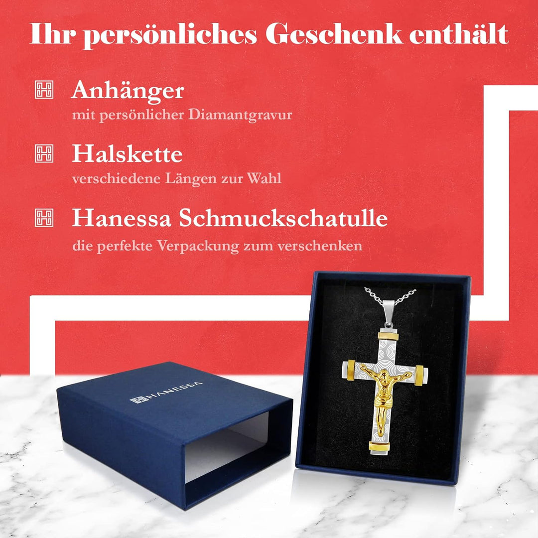 Hanessa Personalisierte Kette mit Gravur Edelstahl 45-60 cm mit Anhänger Kreuz und Jesus in silber/g