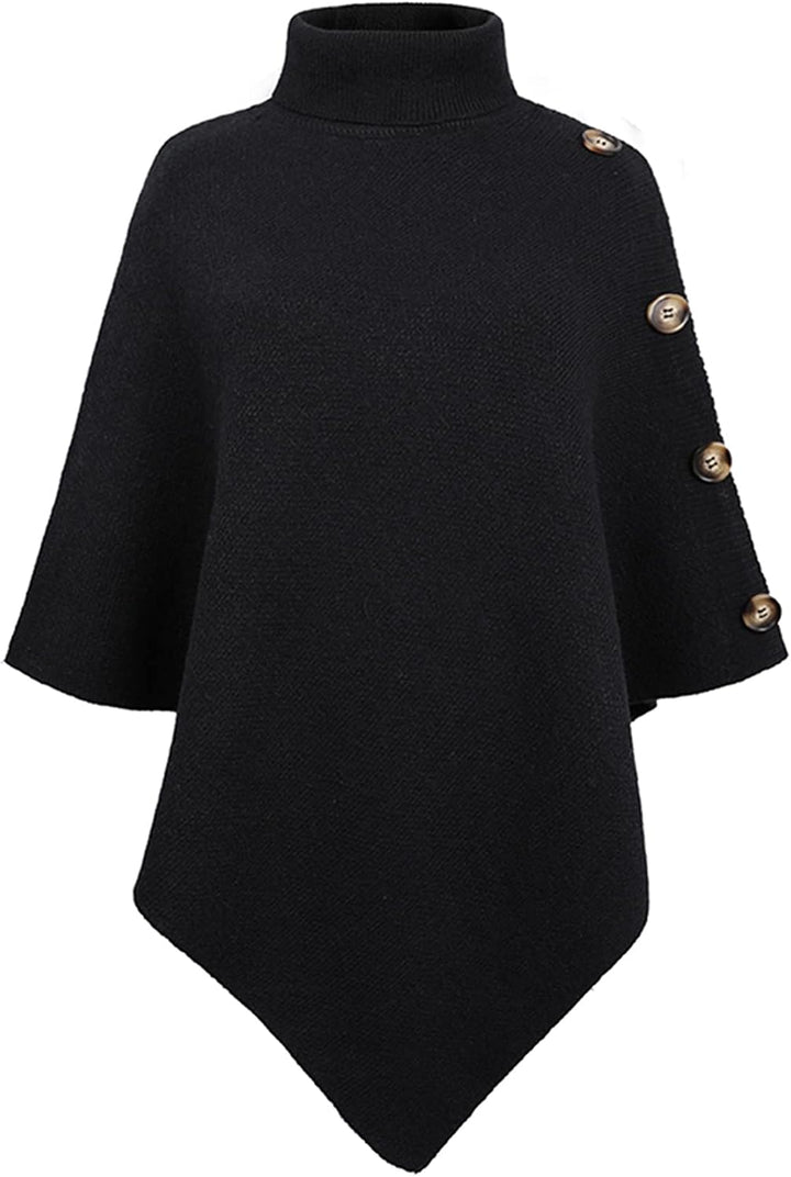 KOOSUFA Damen Strickponcho Rollkragen Gestrickter Poncho mit Dekorativen Knöpfen Strick Pullover Pon