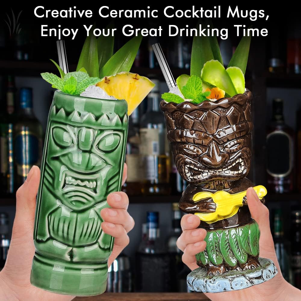 SuproBarware Tiki-Gläser für Cocktails, Tiki-Becher, 4er-Set, tropische Keramikbecher, hawaiianische