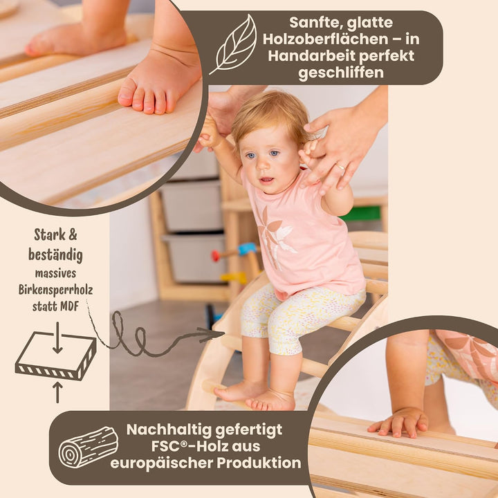 WoodsCraft 4in1 Set: Kletterdreieck mit Rutsche Indoor/Klettern Rampe, Rollenrutsche &amp; Kletterbogen