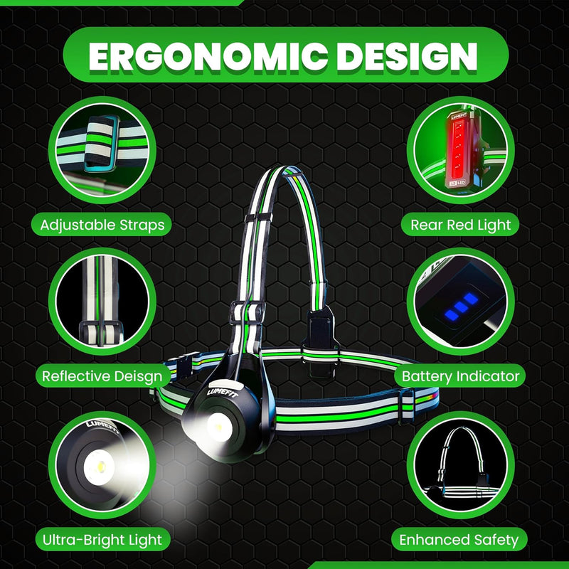 LUMEFIT Lauflicht mit Reflektoren, ideal zum Joggen und Laufen, mit 500 Lumen FrontTaschenlampe, 90°