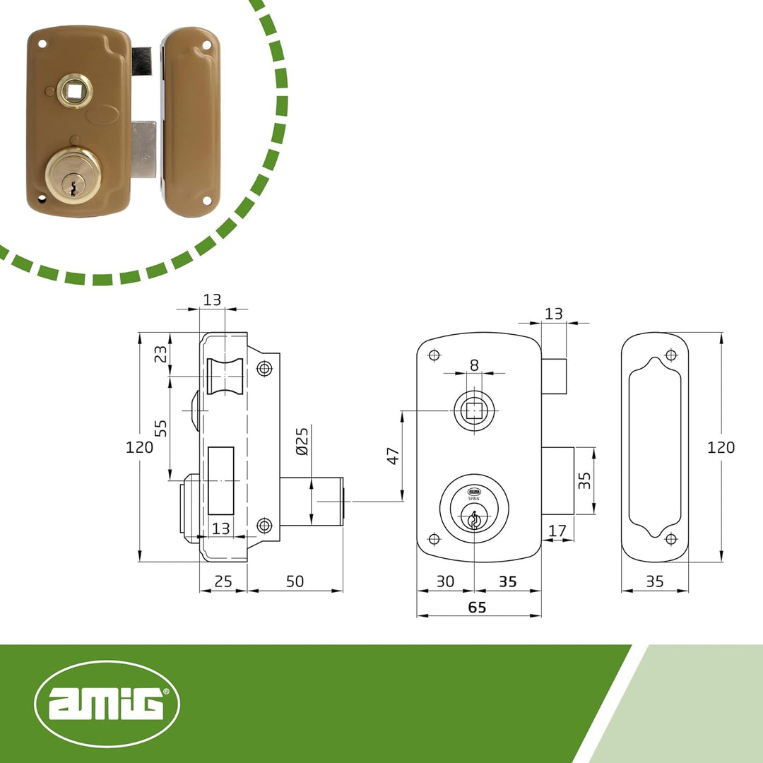 Amig - Rechts Überfüllschloss mit Schliesshebel, Zunge und Griff für Holztüren Mod. 75UN | 66 x 120