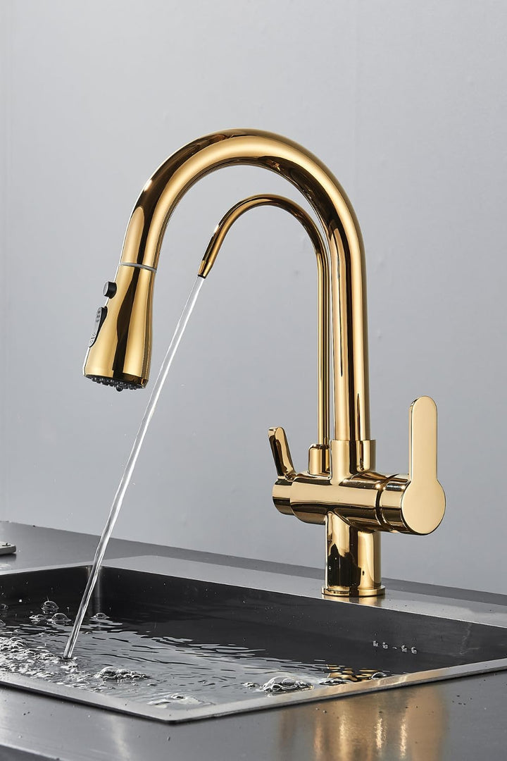3-Wege Küchenarmatur NORDIC mit Wasserfilter-Anschluss, herausziehbare Brause, 360° schwenkbar, getr