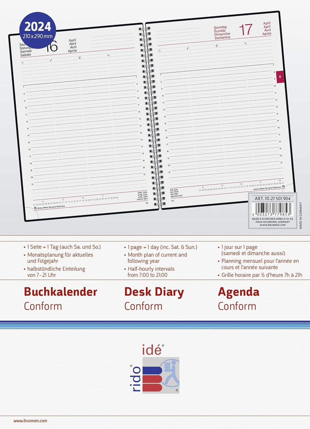 rido/idé Tageskalender Modell Conform 2024 1 Seite = 1 Tag Blattgrösse 21 x 29,1 cm schwarz