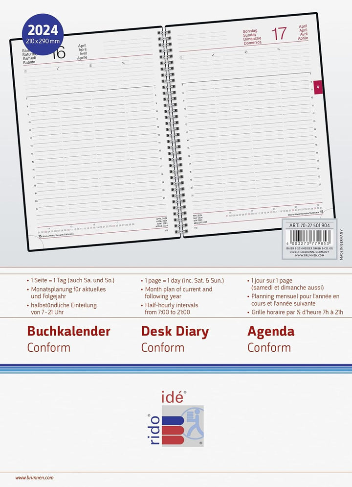 rido/idé Tageskalender Modell Conform 2024 1 Seite = 1 Tag Blattgrösse 21 x 29,1 cm schwarz