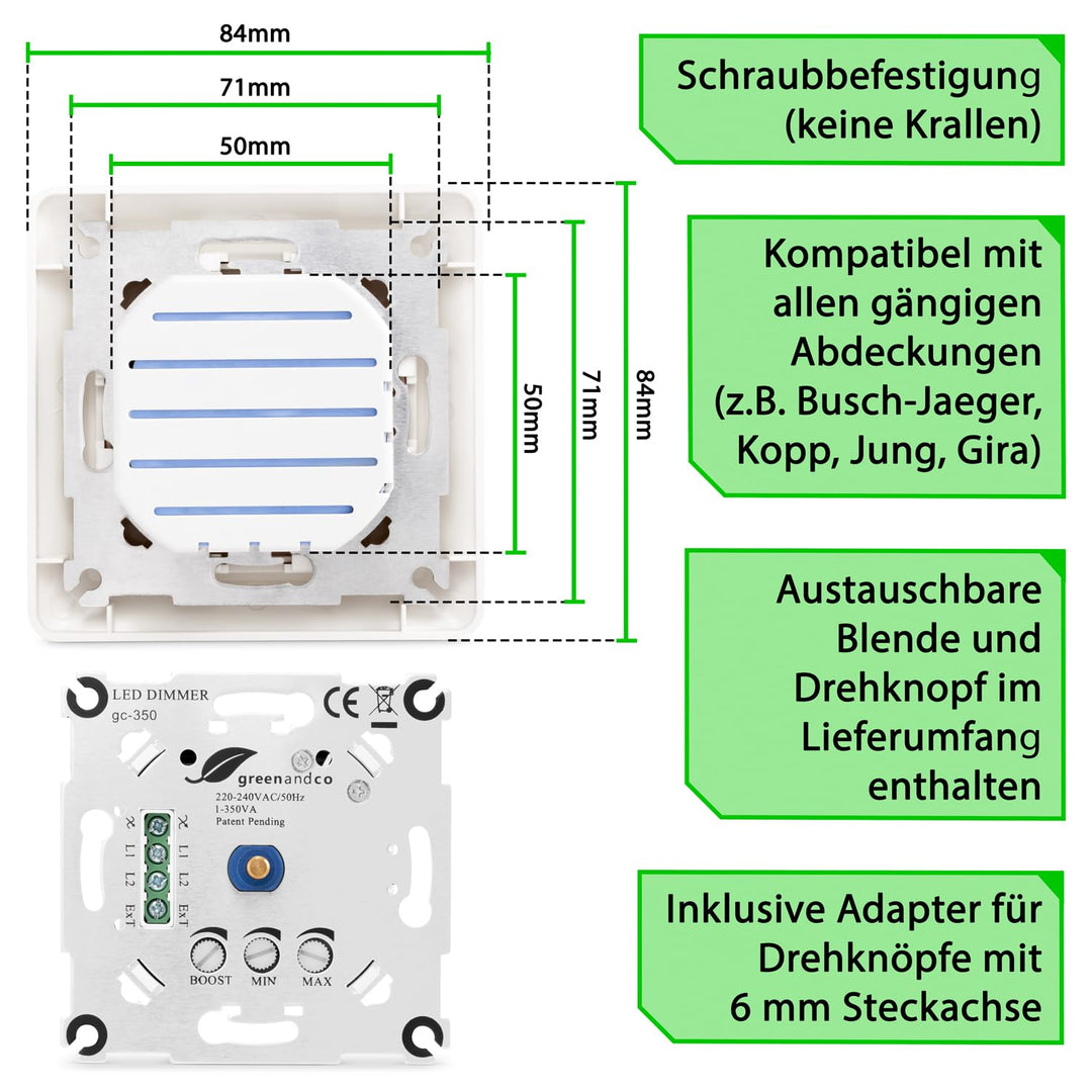 2x greenandco® gc-350 Unterputz LED und Halogen Dimmer 1-350 Watt, für Wechselschaltungen geeignet,