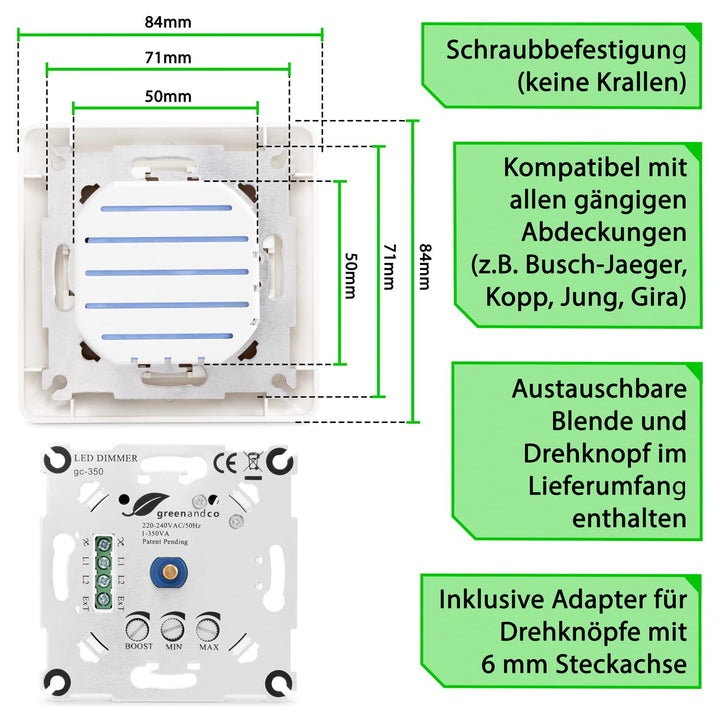 2x greenandco® gc-350 Unterputz LED und Halogen Dimmer 1-350 Watt, für Wechselschaltungen geeignet,