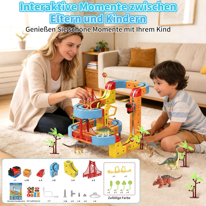 Clickrail Electric Train Set Flexible Race Track, Block Zug mit Dinosaurierspielzeug/Kokospalme/Aufk