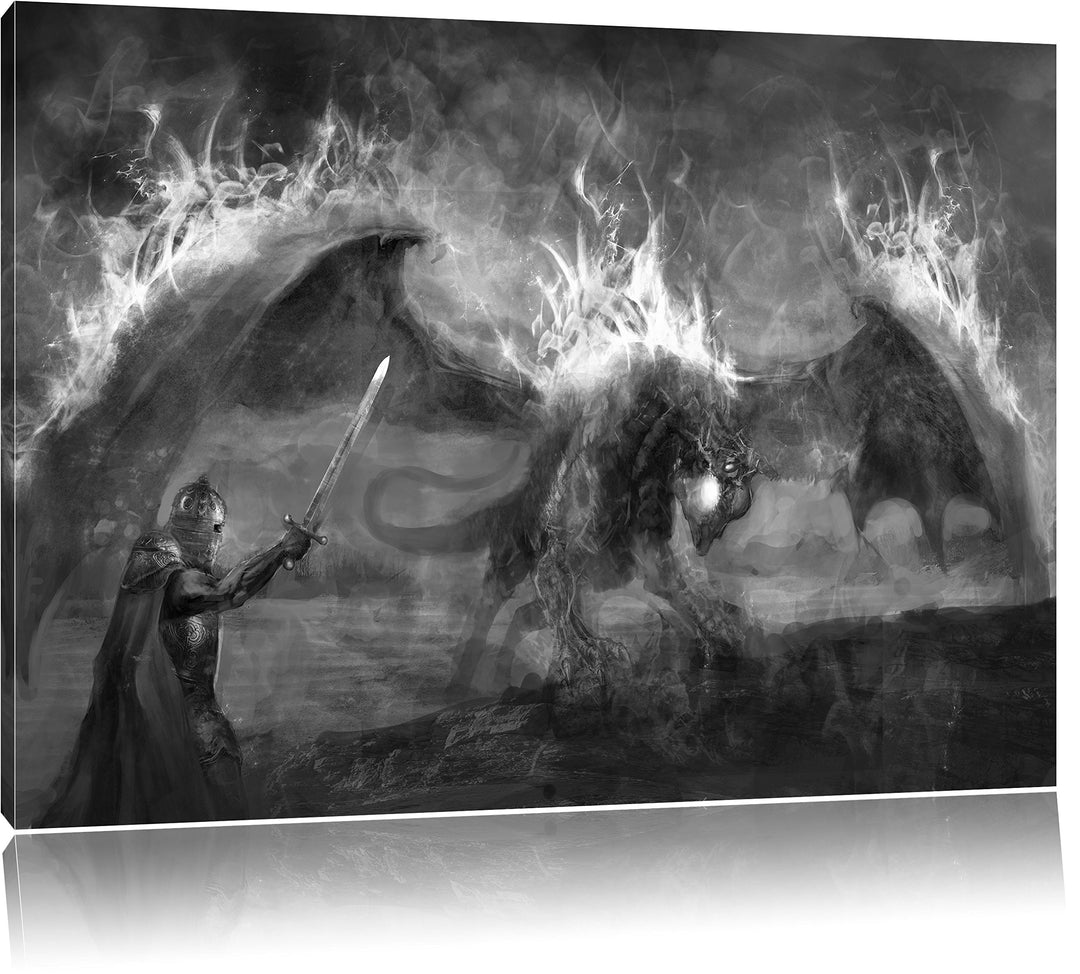 Pixxprint Ritter kämpft gegen Drachen im Feuer Kunst B&W, Format: 100x70 auf Leinwand, XXL riesige B
