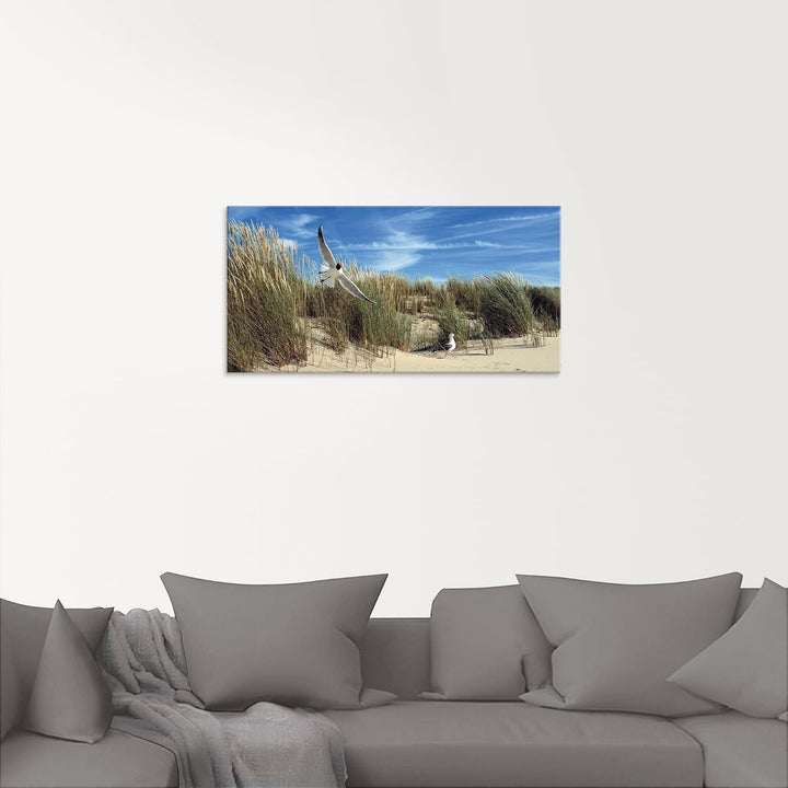 ARTland Wanddeko Glasbilder Wandbild Glas Bild einteilig 60 x 30 cm Düne Nordsee Gras Möwe Sommer Me