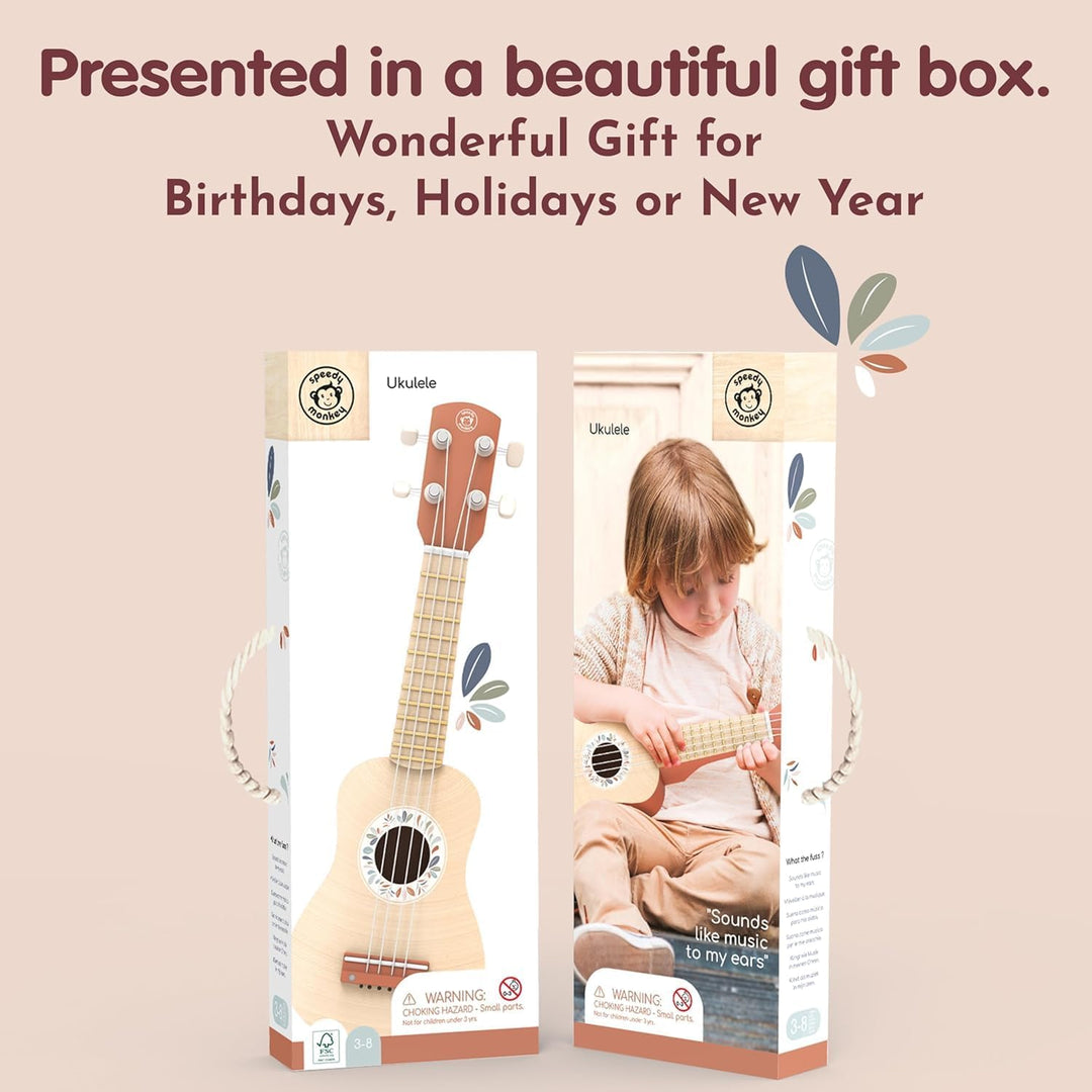 Speedy Monkey 695004 Ukulele, Holz-Instrument für Kinder, viersaitiges Musikinstrument aus Nylon, Gr