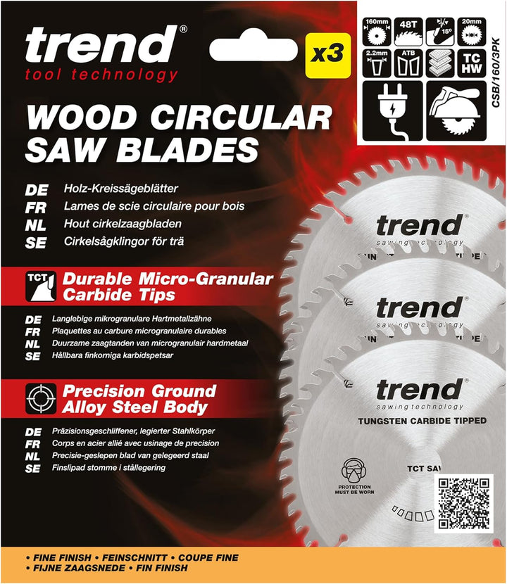 Trend CraftPro Dreierpack TCT-Kreissägeblätter, 160mm Durchmesser x 48 Zähne x 20mm Bohrung, Hartmet