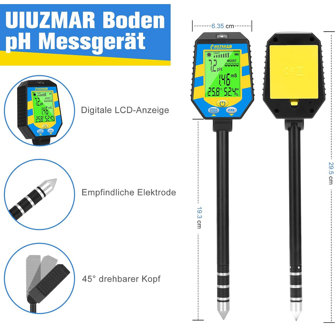 UIUZMAR Bodenfeuchtigkeitsmessgerät, Digitales Boden pH Messgerät für Pflanzen, Genauer 6-in-1 pH Fe