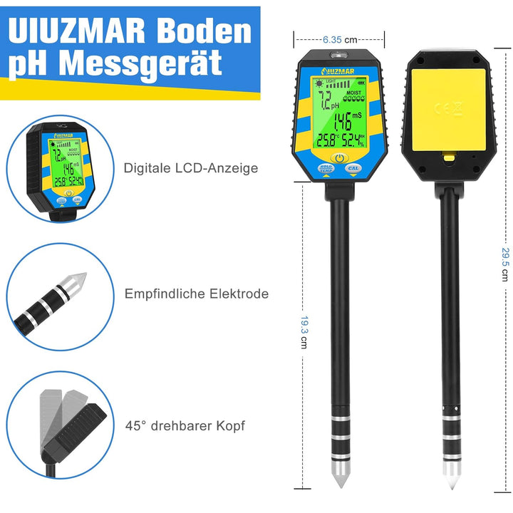 UIUZMAR Bodenfeuchtigkeitsmessgerät, Digitales Boden pH Messgerät für Pflanzen, Genauer 6-in-1 pH Fe