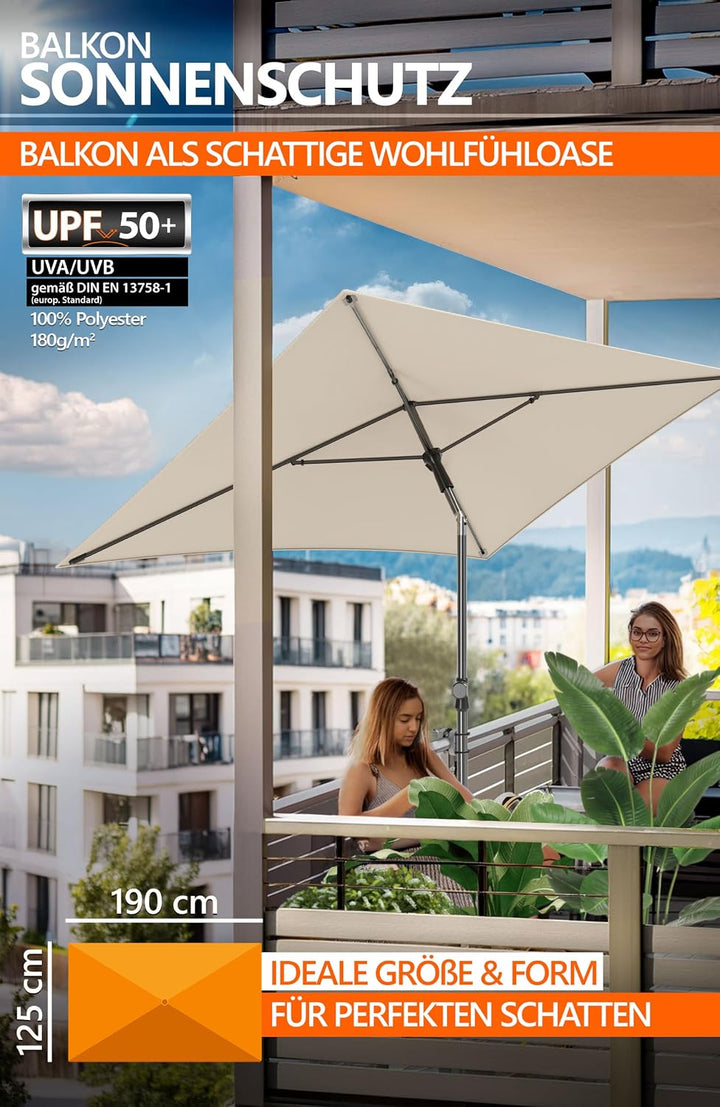 4smile Sonnenschirm Balkon, 3-in-1 SET - Sonnenschirm rechteckig 200 x 125 cm, UPF 50+, Sonnenschirm