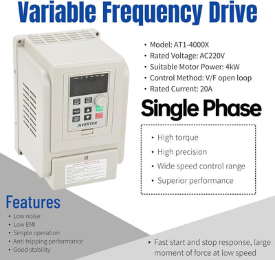 Fafeicy AT1-4000X Frequenzumrichter, 220 V Einphasen-4-kW-Frequenzumrichter, VFD-Drehzahlregler, für