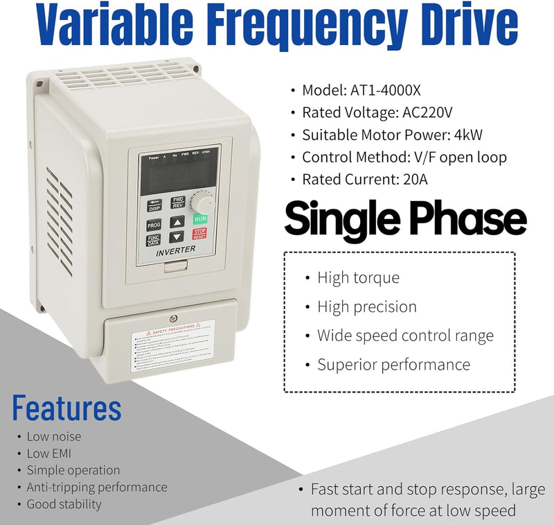 Fafeicy AT1-4000X Frequenzumrichter, 220 V Einphasen-4-kW-Frequenzumrichter, VFD-Drehzahlregler, für