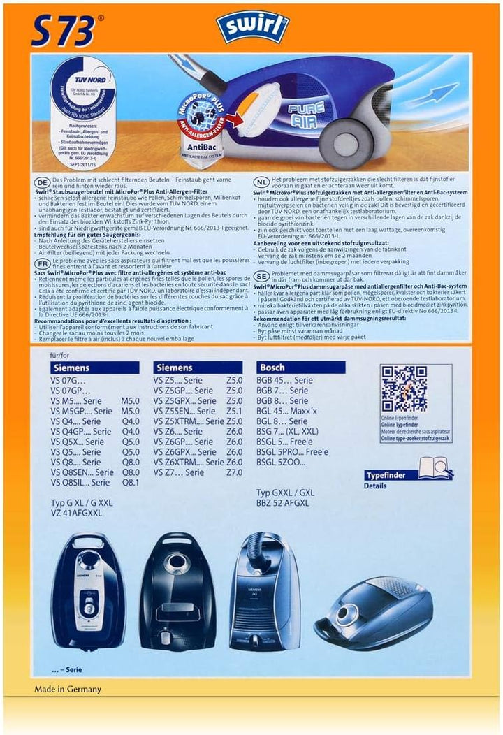 2 Pakete Swirl Staubsaugerbeutel S73 / S 73 MicroPor Plus AirSpace für Siemens / Bosch Typ: GXXL
