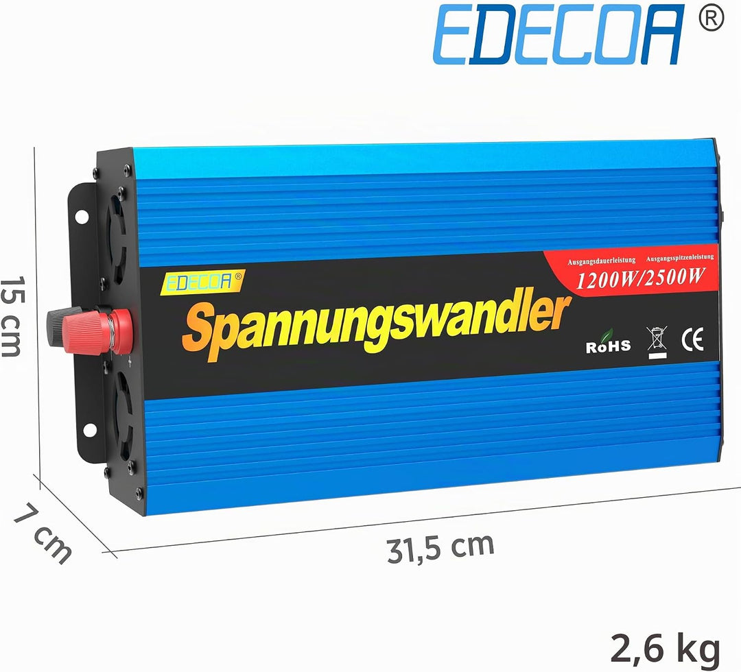EDECOA Spannungswandler 1200w wechselrichter 12v auf 230v Spannungswandler modifizierter 12v 230 mit