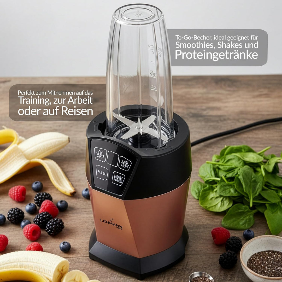 LEHMANN Standmixer & Smoothie Maker 2-in-1, Mixbehälter 1500 ml und To-Go-Trinkflasche 800 ml, 4 Ges