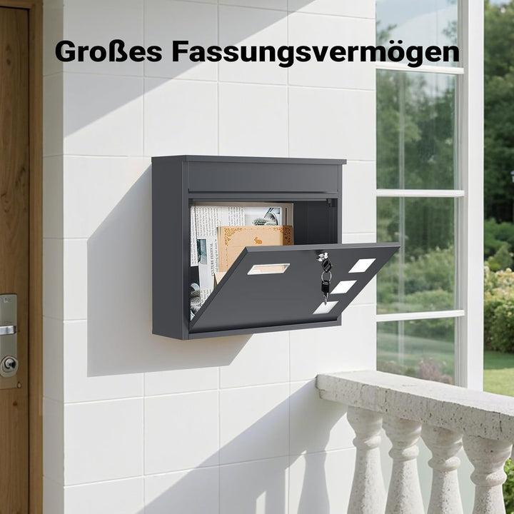 Wiltec Briefkasten V12 Anthrazit 360 x 115 x 320 mm, Wandbriefkasten mit Schloss, Sichtfenstern und
