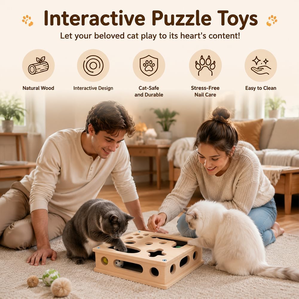 2 in 1 Katzen Kratzpuzzle Box, Beschäftigungsbox Krallenfeile mit 3 Glockenbällen, Katzen Krallenpfl