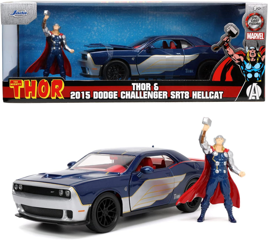 Jada Toys Marvel Figur Thor mit Modellauto 2015er Dodge Challenger SRT8 Hellcat - Set aus Marvel Ave