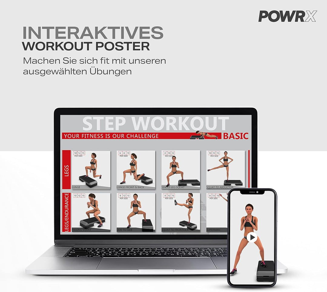 POWRX Steppbrett Fitness höhenverstellbar 10-15cm für Zuhause rutschfest versch. Farben - Stepper, S
