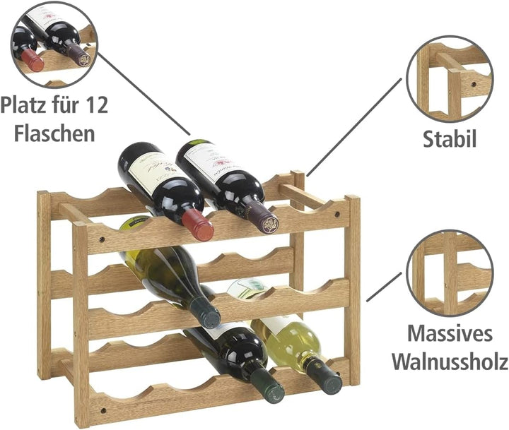 WENKO Weinregal Norway, Weinschrank für bis zu 12 Weinflaschen, Weinhalter aus Walnussholz, 3 Etagen