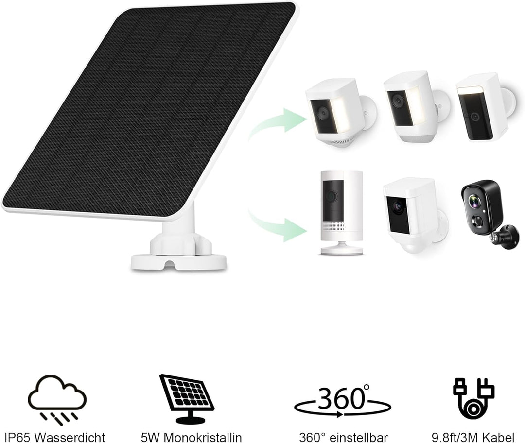 Solarpanel für Ring-Kamera, 5W Solarpanel Ladegerät für Ring Stick Up Cam und Spotlight Cam, Kamera-