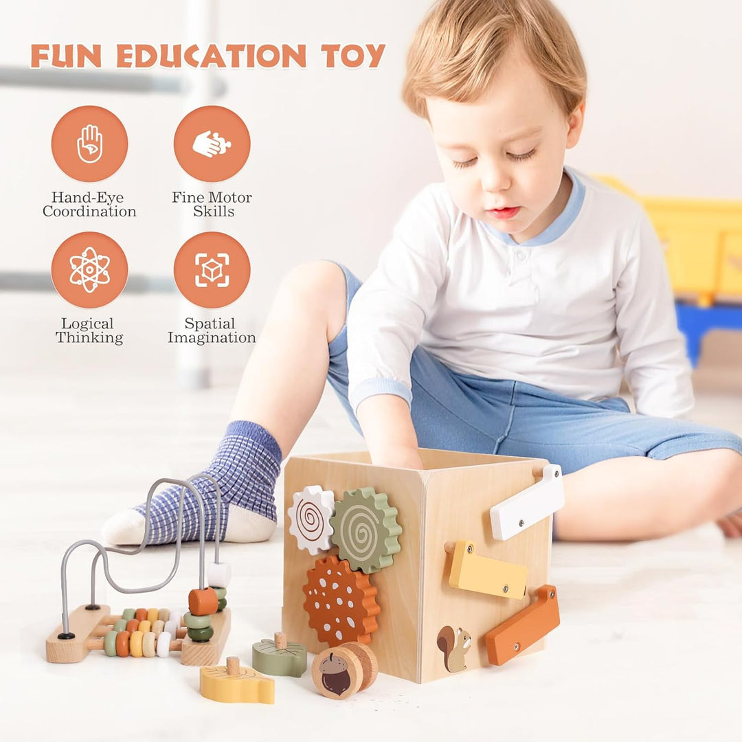 WOODEN TEETHER Montessori Motorikwürfel holzspielzeug Montessori Spielzeug 6 in 1（Naturholzfarbe Akt