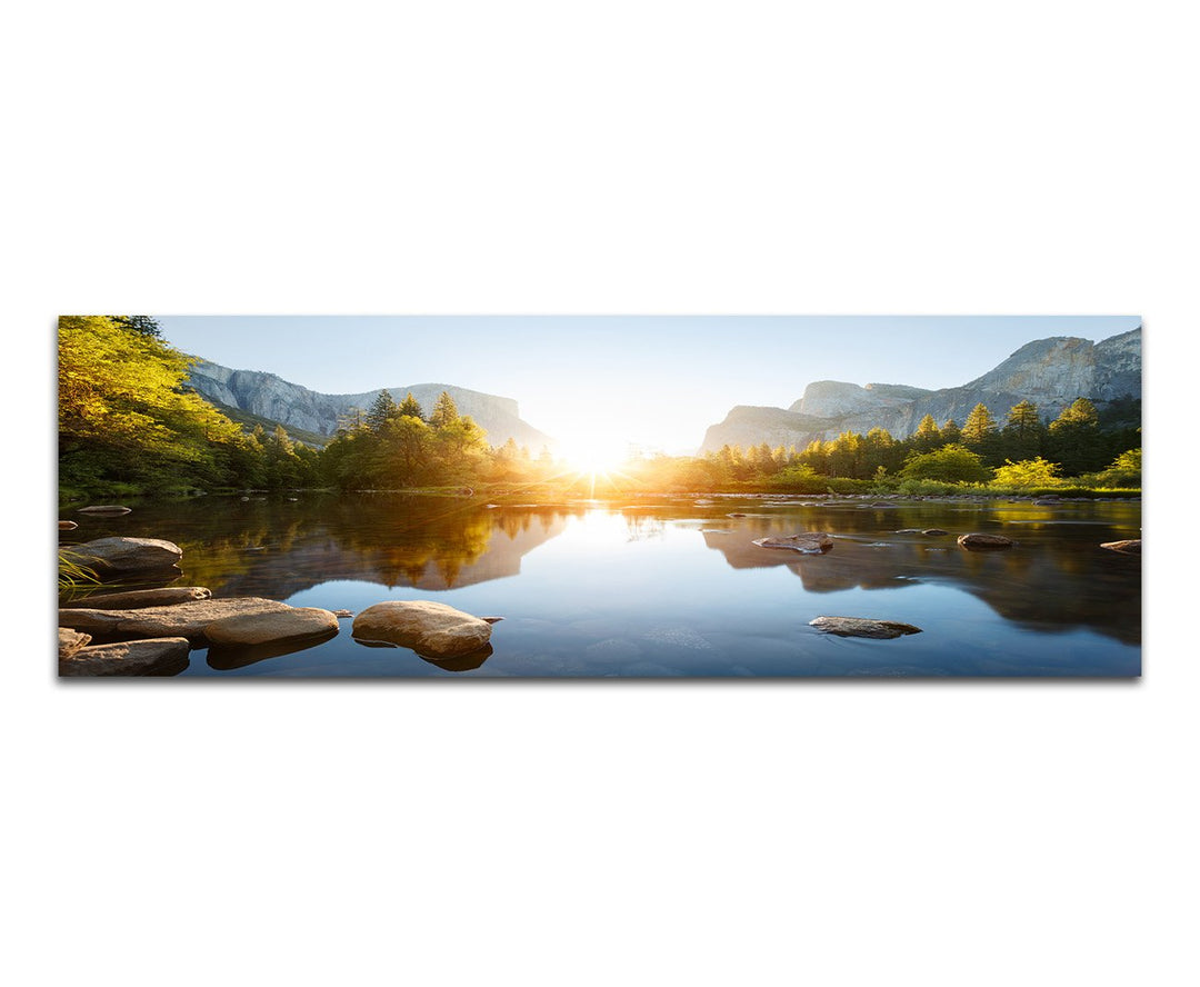 Paul Sinus Art Panoramabild auf Leinwand und Keilrahmen 120x40cm Yosemite Berge Wald Fluss Sonnenauf
