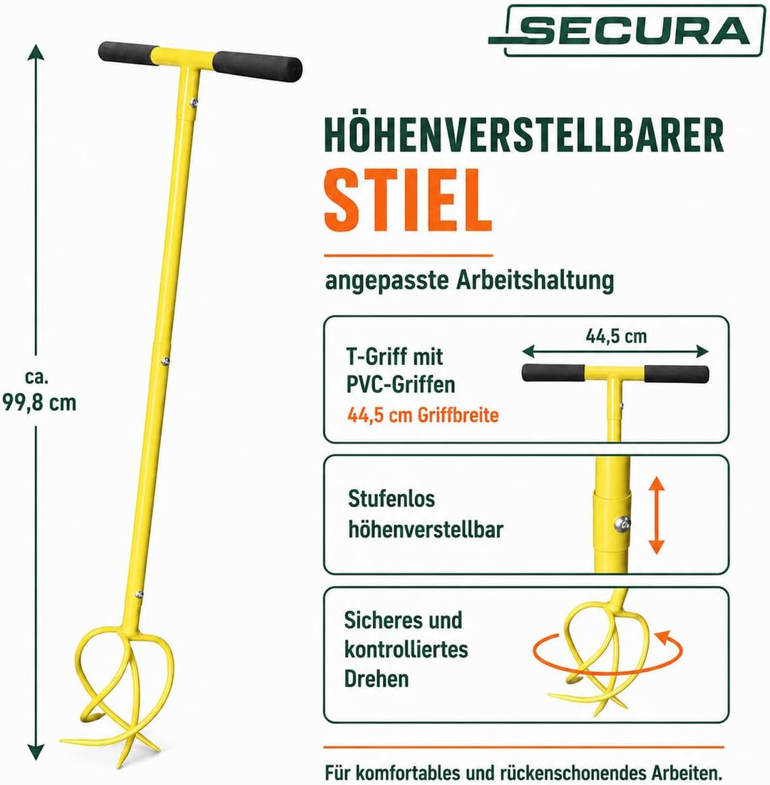 SECURA Gartenkralle und Vertikutierer Handvertikutierer 4 Zinken, höhenverstellbarer Kultivator Erdk