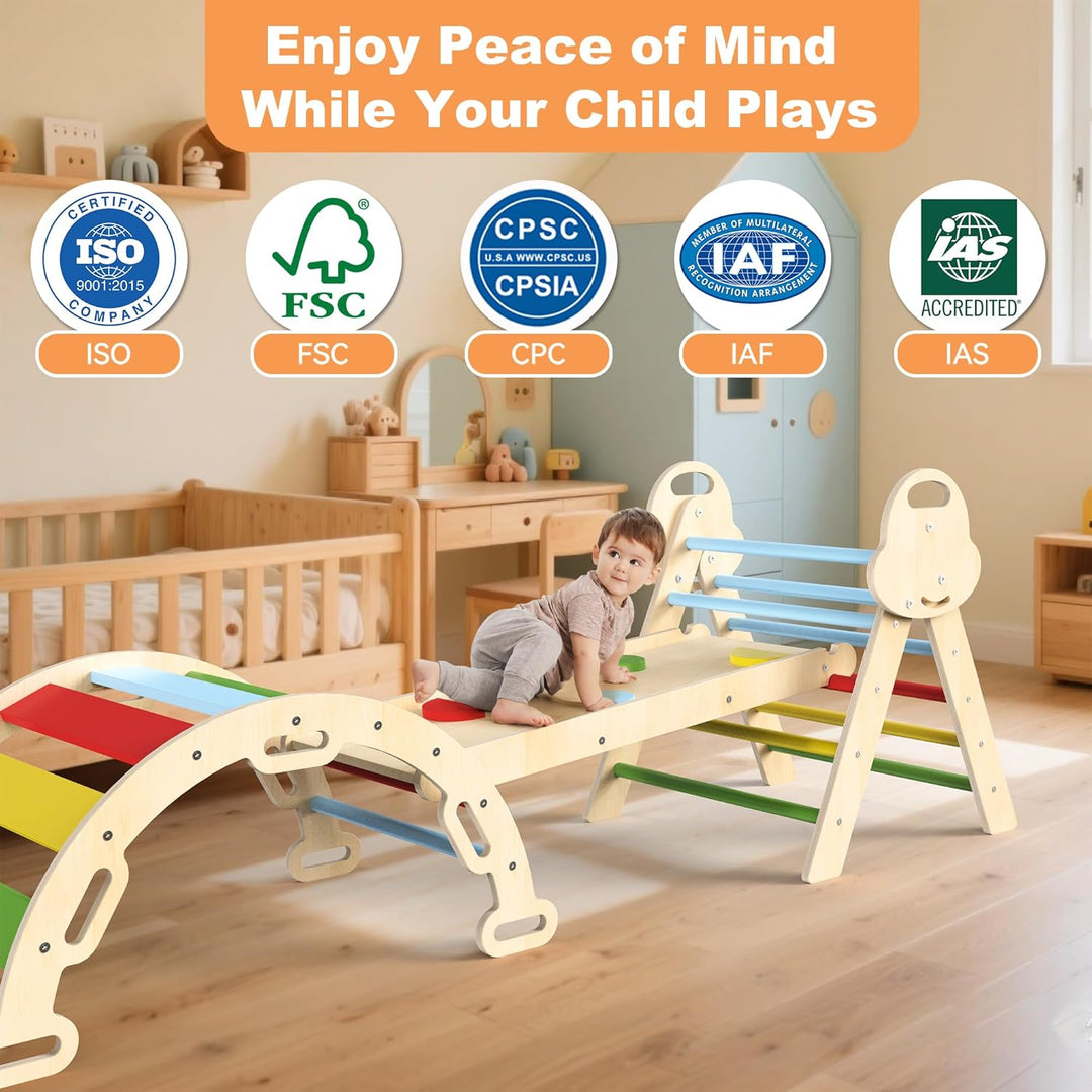 Montessori Indoor Spielset: 7-in-1 Klettergerüst mit Rutsche, Bogen & Matte für Kleinkinder und Kind