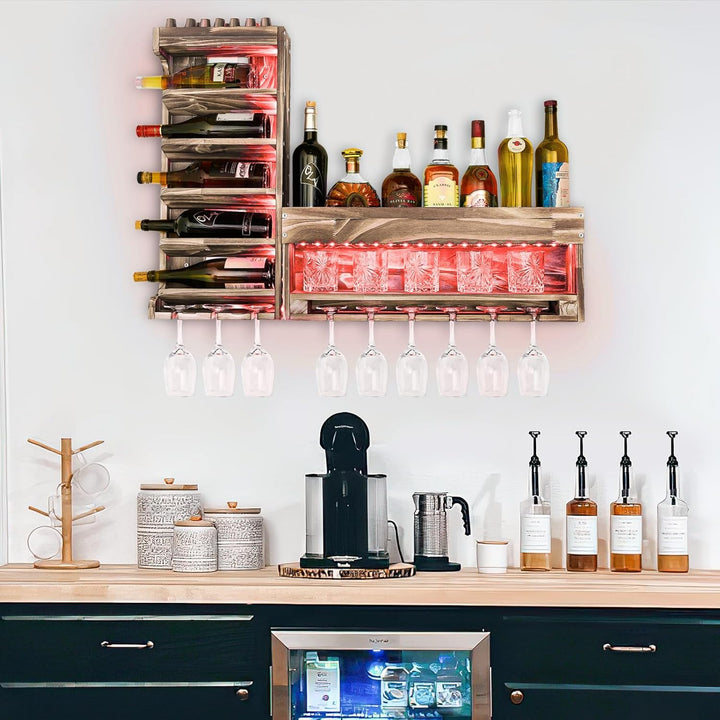 Yorbay Weinregal mit LED-Licht Palette Beflammt Holz, Wandbar mit Korkhalter, für Weingläser, Whisky
