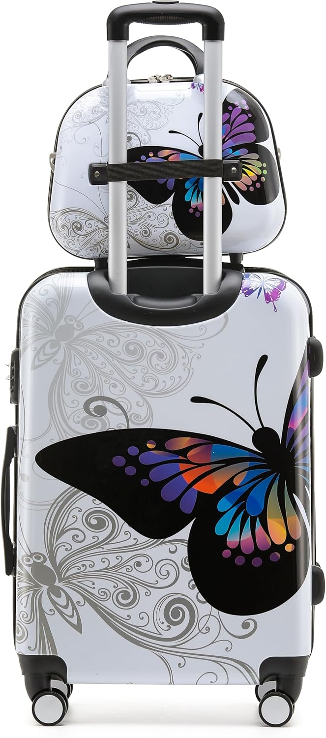 BEIBYE Butterfly 2060 4tlg Reisekoffer Trolley Hartschalen Kofferset (S (Beautycase))
