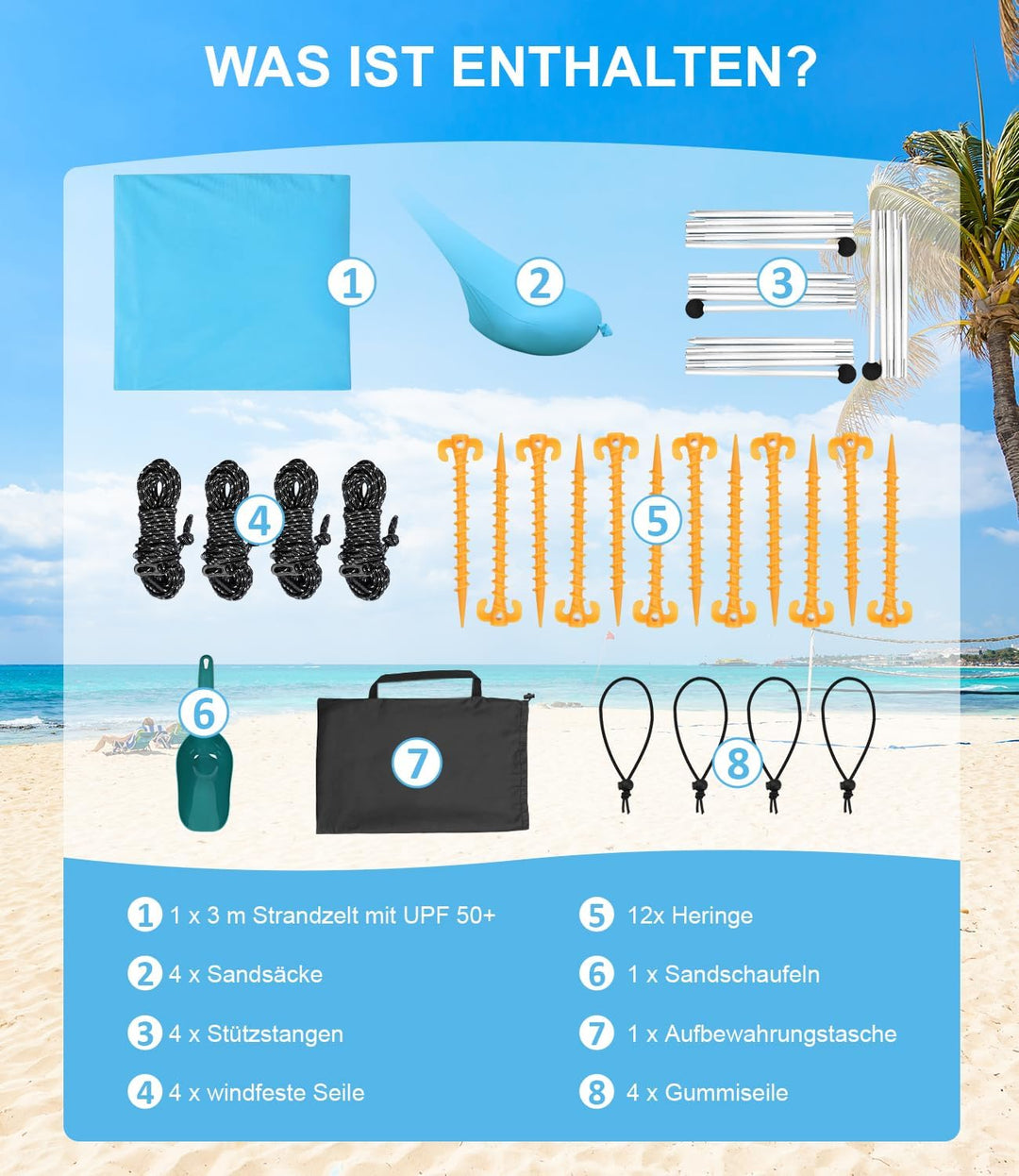 UPF50+ Strandzelt 3m x 3m, Schatten Zelt Strandmuschel Beachmit Sandschaufel & Erdnägeln und 4 Stütz