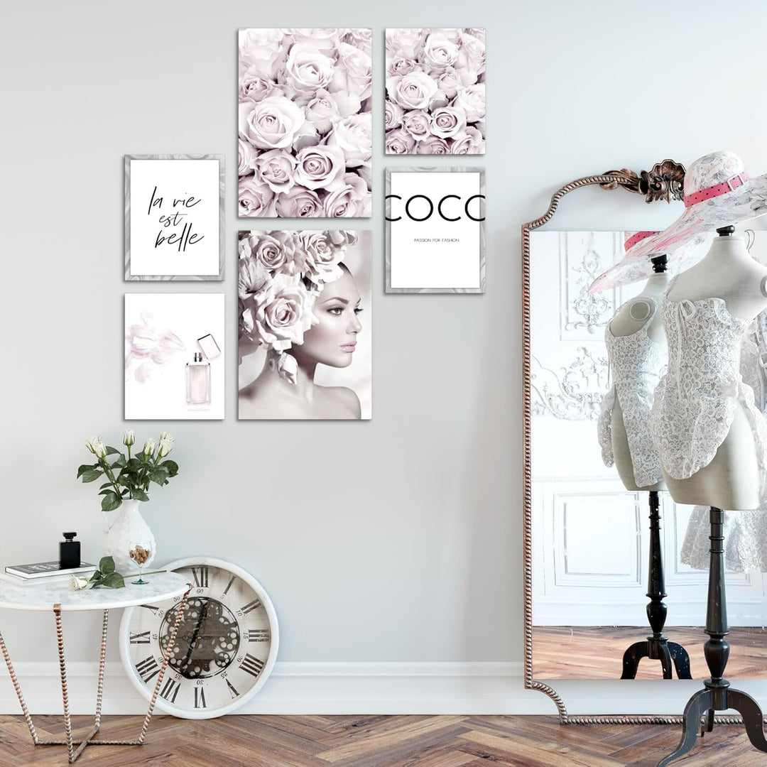 Novart Wandbilder Set Coco Fashion Grau Rosa - KEIN EXTRA RAHMEN BENÖTIGT - Modern Deko - Wohnzimmer