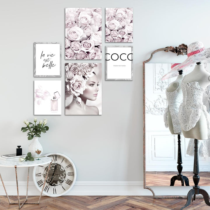 Novart Wandbilder Set Coco Fashion Grau Rosa - KEIN EXTRA RAHMEN BENÖTIGT - Modern Deko - Wohnzimmer