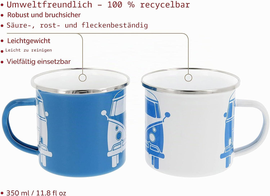 BRISA VW Collection - T1 Bulli Bus Kaffeebecher Emailletasse 2er Set 350 ml | Volkswagen Teetassen m