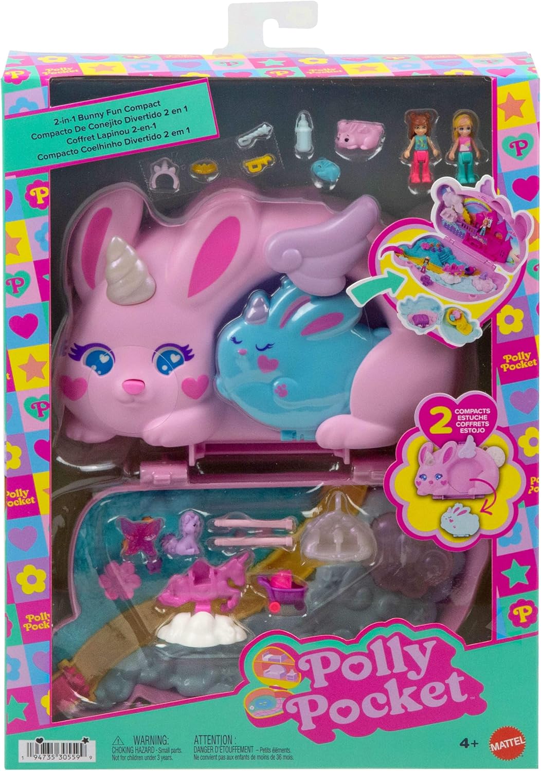 Polly Pocket tragbares Reisespielzeug mit 2 Mikropuppen und 12 Zubehörteilen inklusive Tieren, 2-in-